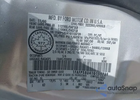 2001 Ford Taurus Se from USA, damaged, VIN 1FAFP58U41G155739